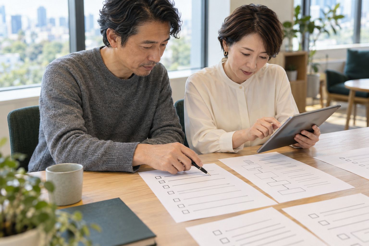 窓辺のテーブルで、手順書をペンで指しながらタブレットと照らし合わせる2人