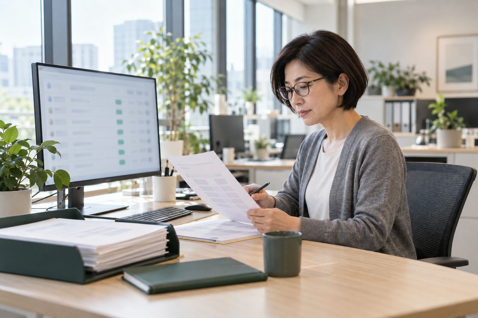 AIエージェントが処理した一覧を、紙の資料と照らし合わせて確認する事務担当者