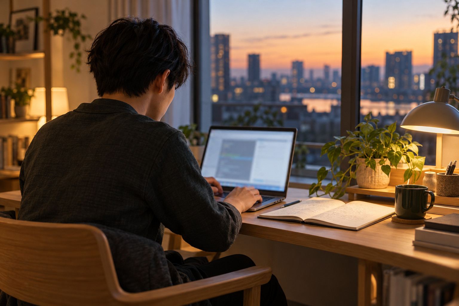 夕方の窓辺の机で、ノートパソコンに向かってプログラミングを学ぶ人