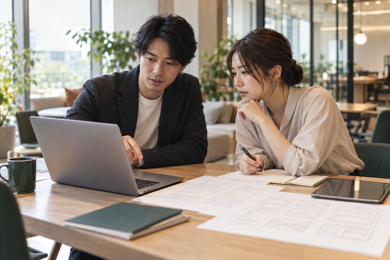 画面設計のスケッチを広げたテーブルで、ノートパソコンを見ながらツールの使い方を話し合う2人