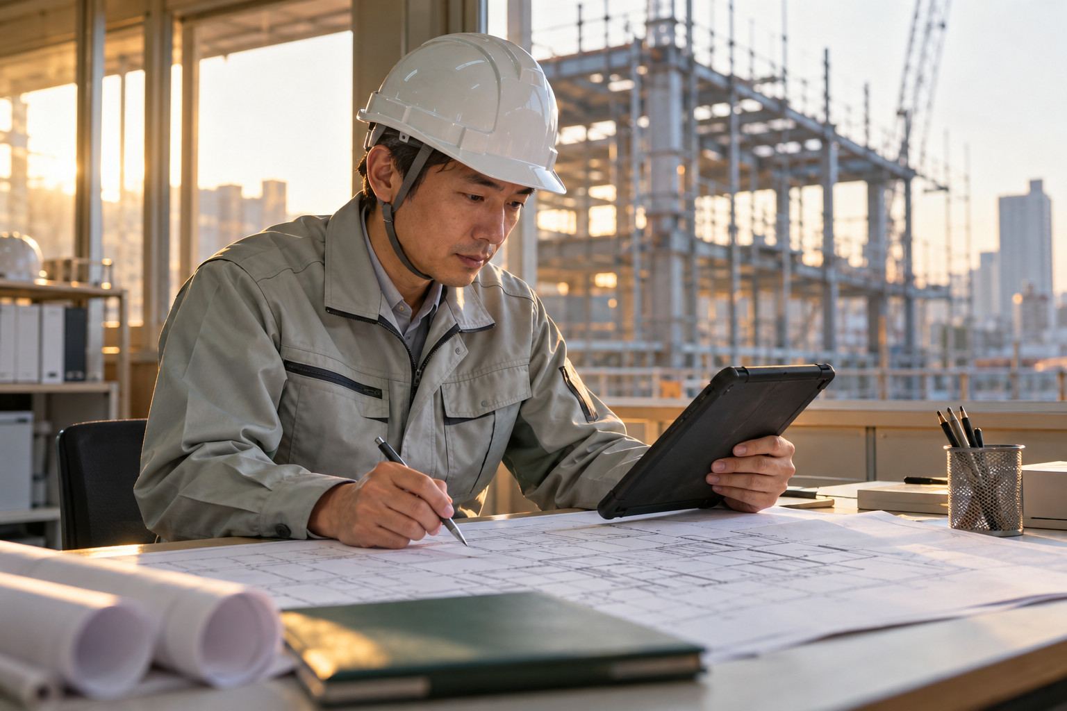 建設現場でタブレットと図面を確認する、ヘルメット姿の現場監督