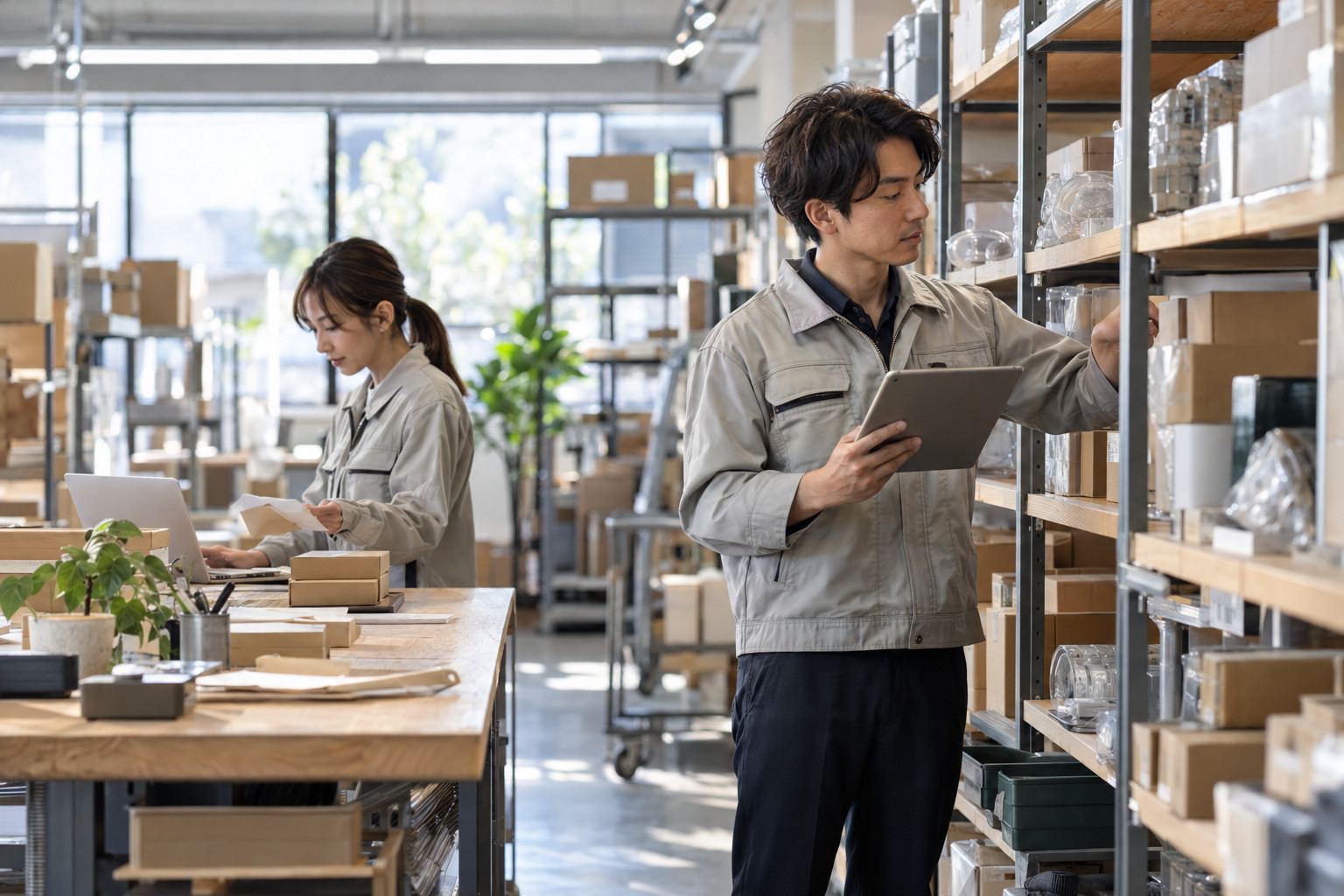 倉庫の棚の前でタブレットを持ち、在庫を確認する作業着の担当者