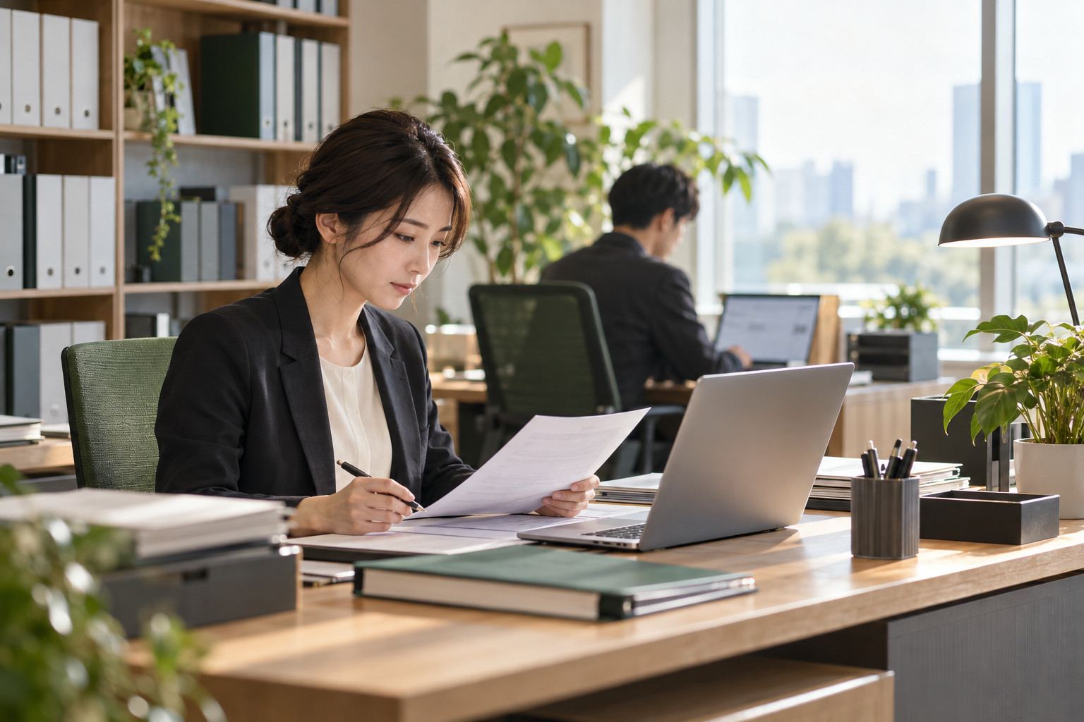 ファイルが並ぶ書棚のある事務所で、書類とノートパソコンを確認する専門職の担当者