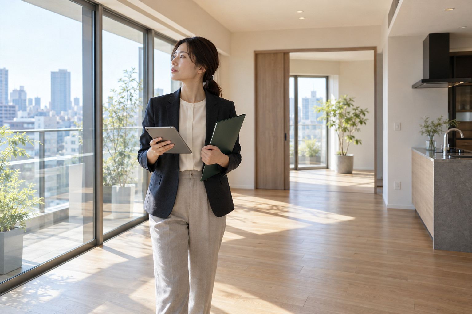 日当たりのよい空室で、タブレットと資料を手に物件情報をまとめる不動産会社の担当者