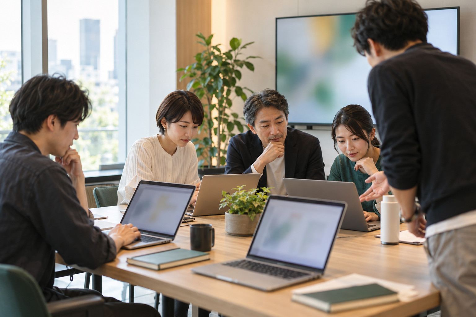 明るい会議室でノートパソコンを使い、講師の説明を受けながら演習する社員たち